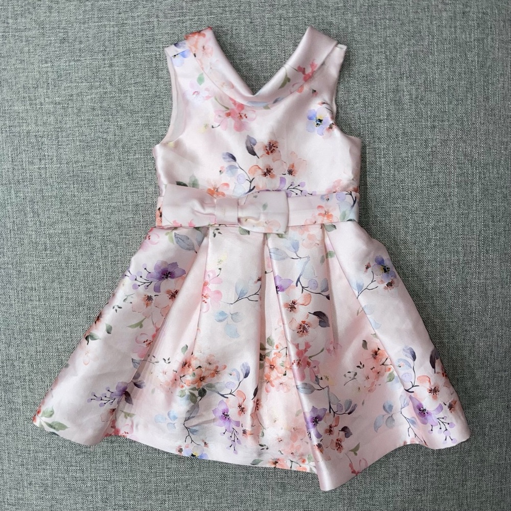 Girls Floral Bow-Front Pink Party Dress and Headband